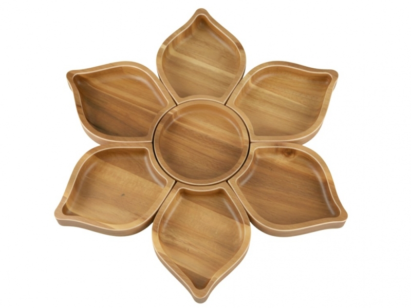 Premium Acacia Wood Flower-Shaped Serving Platter with 7 Compartments